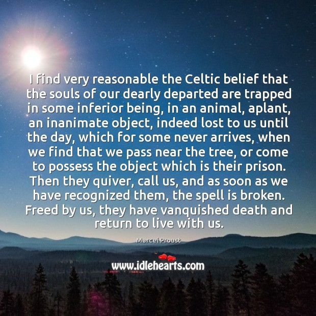 I find very reasonable the Celtic belief that the souls of our Marcel Proust Picture Quote
