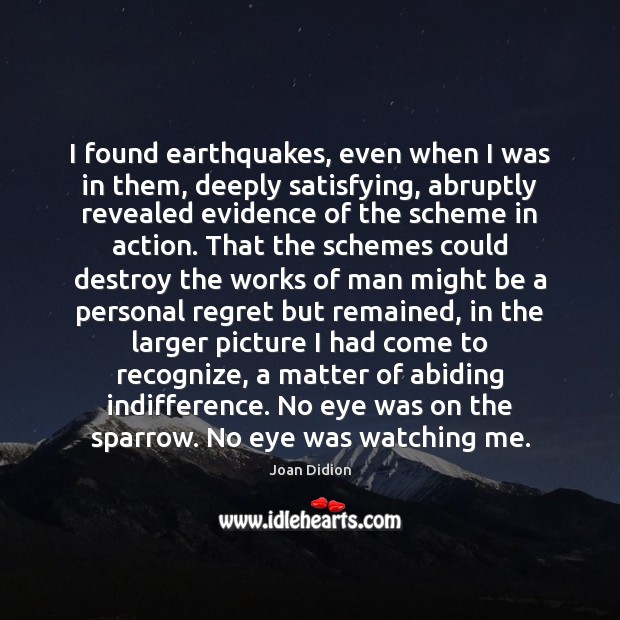 I found earthquakes, even when I was in them, deeply satisfying, abruptly Joan Didion Picture Quote