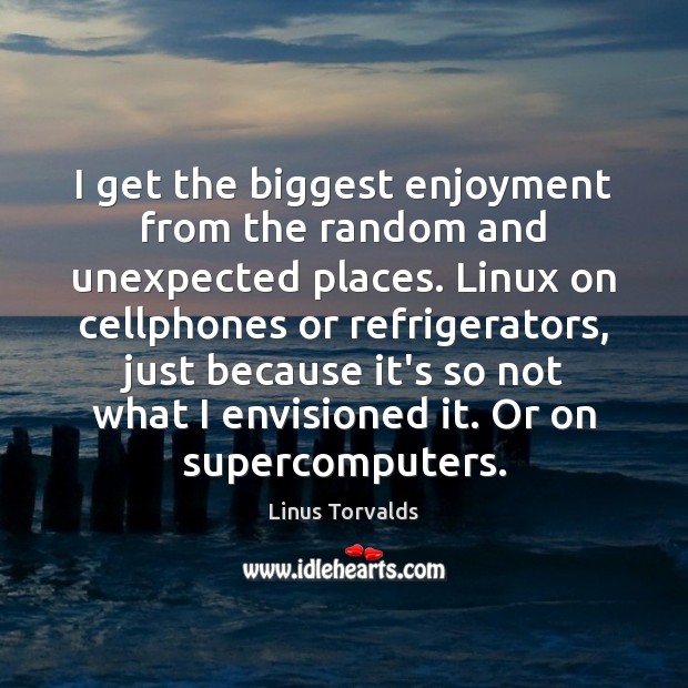 I get the biggest enjoyment from the random and unexpected places. Linux Linus Torvalds Picture Quote