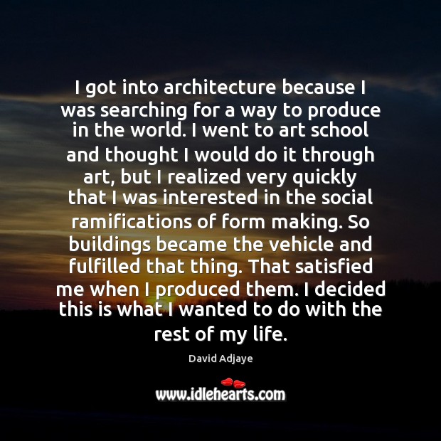 I got into architecture because I was searching for a way to David Adjaye Picture Quote