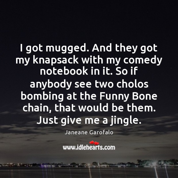 I got mugged. And they got my knapsack with my comedy notebook Janeane Garofalo Picture Quote