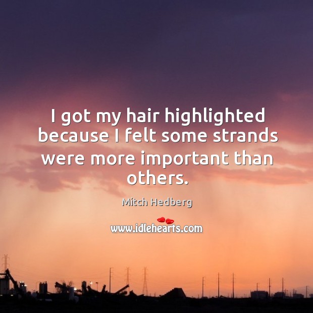 I got my hair highlighted because I felt some strands were more important than others. Mitch Hedberg Picture Quote
