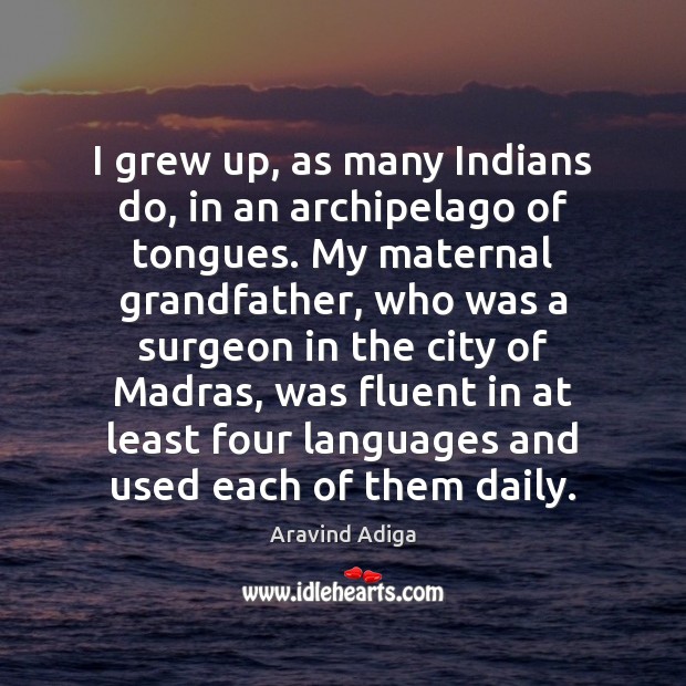 I grew up, as many Indians do, in an archipelago of tongues. Aravind Adiga Picture Quote