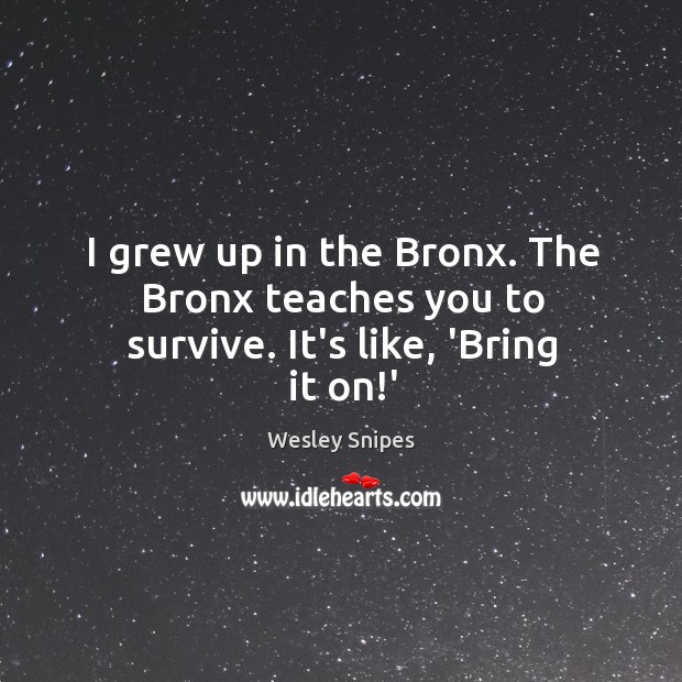 I grew up in the Bronx. The Bronx teaches you to survive. It’s like, ‘Bring it on!’ Wesley Snipes Picture Quote