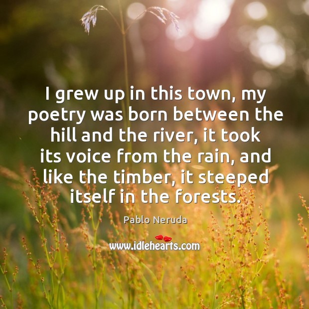 I grew up in this town, my poetry was born between the hill and the river Pablo Neruda Picture Quote