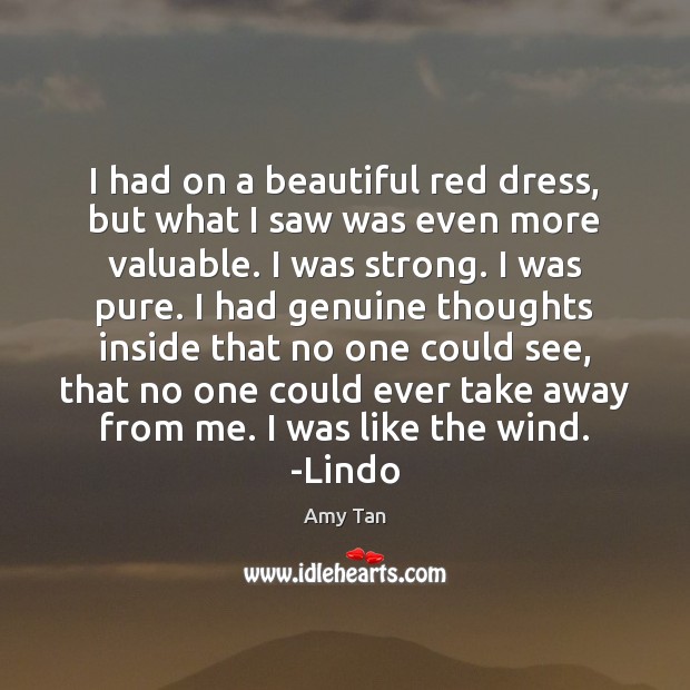 I had on a beautiful red dress, but what I saw was Amy Tan Picture Quote