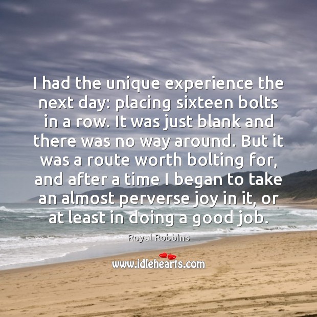 I had the unique experience the next day: placing sixteen bolts in Royal Robbins Picture Quote