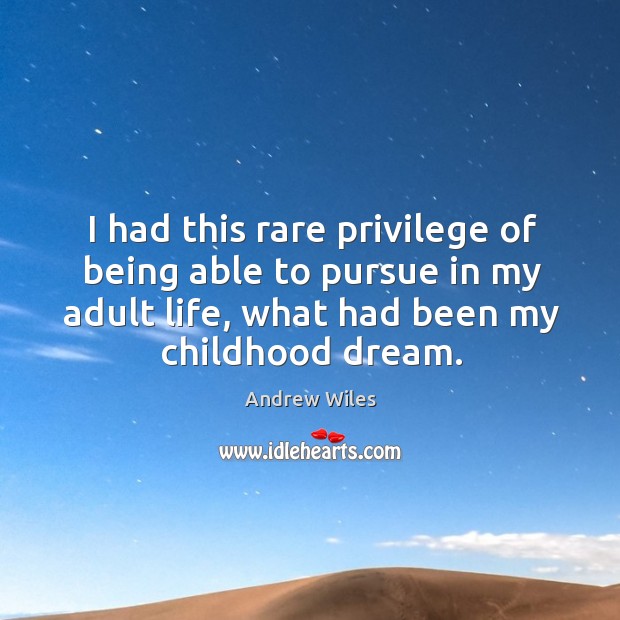 I had this rare privilege of being able to pursue in my adult life, what had been my childhood dream. Andrew Wiles Picture Quote