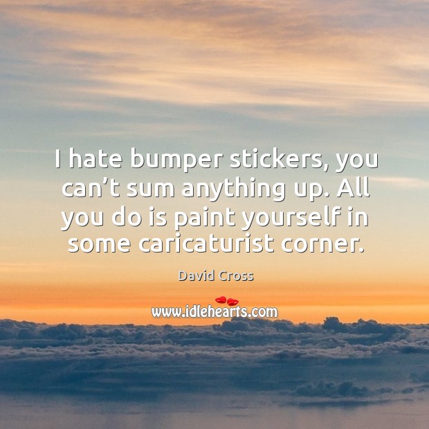 I hate bumper stickers, you can’t sum anything up. All you do is paint yourself in some caricaturist corner. David Cross Picture Quote