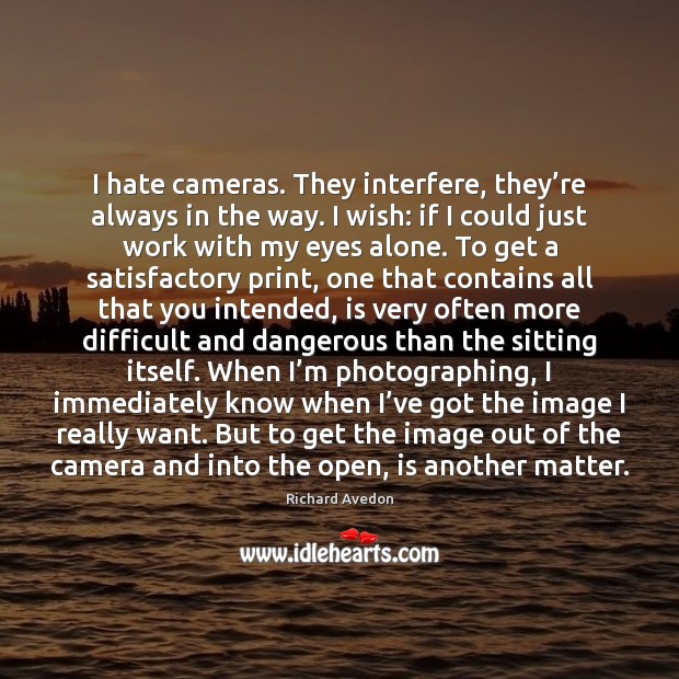 I hate cameras. They interfere, they’re always in the way. I Richard Avedon Picture Quote