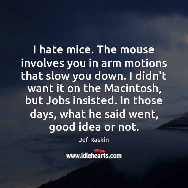 I hate mice. The mouse involves you in arm motions that slow Jef Raskin Picture Quote