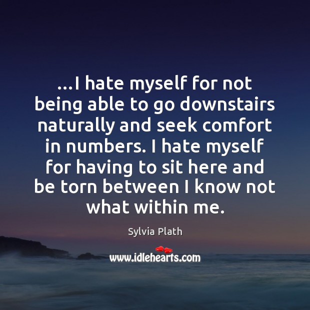 …I hate myself for not being able to go downstairs naturally and Sylvia Plath Picture Quote