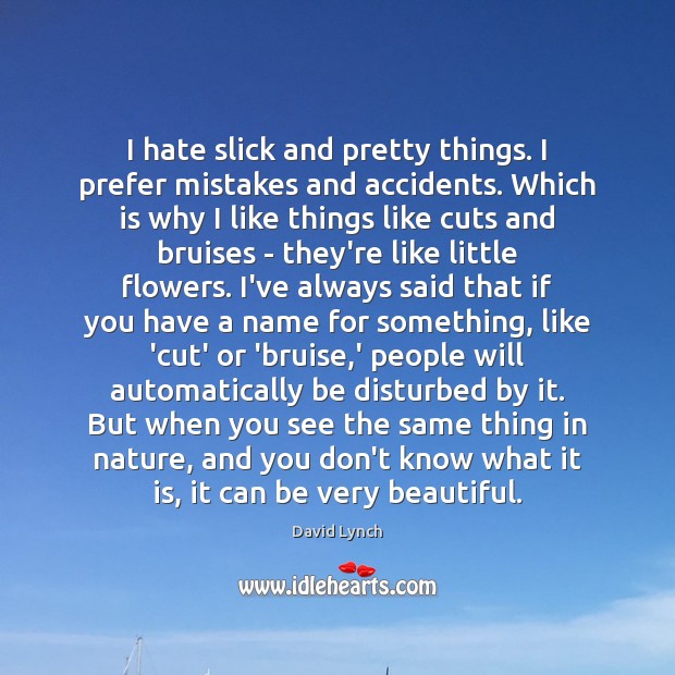 I hate slick and pretty things. I prefer mistakes and accidents. Which David Lynch Picture Quote