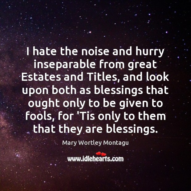 I hate the noise and hurry inseparable from great Estates and Titles, Mary Wortley Montagu Picture Quote
