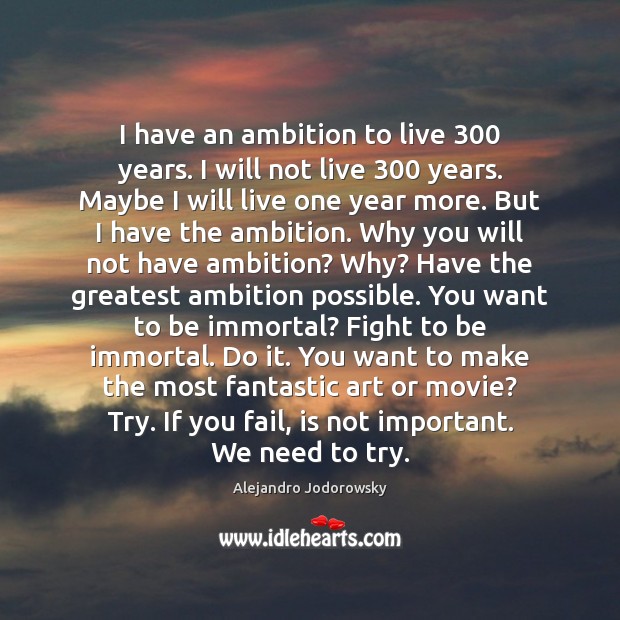 I have an ambition to live 300 years. I will not live 300 years. Alejandro Jodorowsky Picture Quote