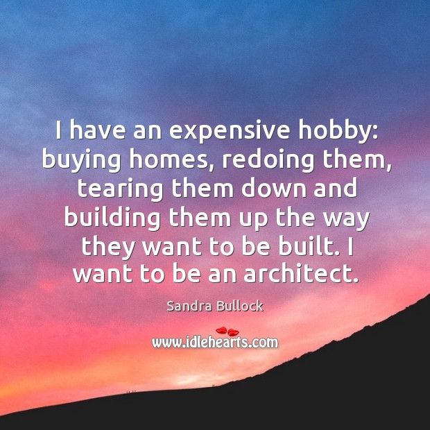 I have an expensive hobby: buying homes, redoing them, tearing them down and building them up the way they want to be built. Sandra Bullock Picture Quote