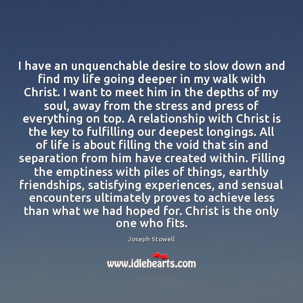 I have an unquenchable desire to slow down and find my life Joseph Stowell Picture Quote