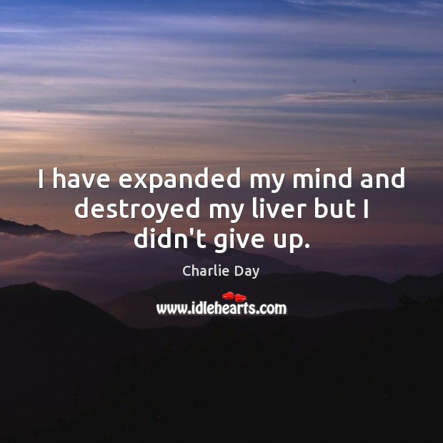 I have expanded my mind and destroyed my liver but I didn’t give up. Charlie Day Picture Quote