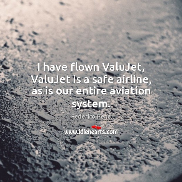 I have flown ValuJet, ValuJet is a safe airline, as is our entire aviation system. Federico Pena Picture Quote