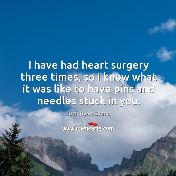 I have had heart surgery three times, so I know what it was like to have pins and needles stuck in you. Josh Ryan Evans Picture Quote