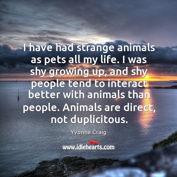 I have had strange animals as pets all my life. I was shy growing up Yvonne Craig Picture Quote