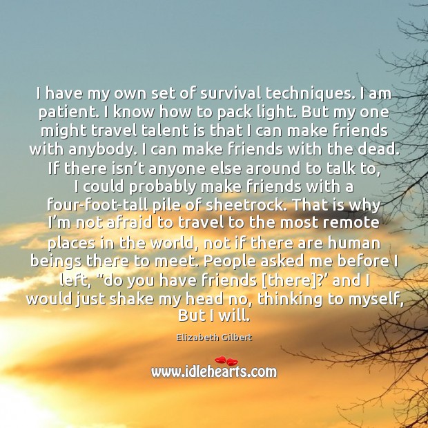 I have my own set of survival techniques. I am patient. I Elizabeth Gilbert Picture Quote