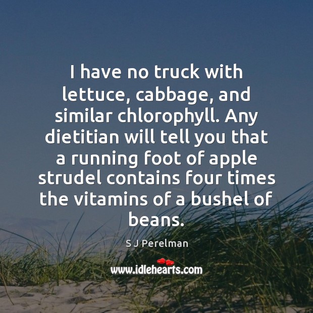 I have no truck with lettuce, cabbage, and similar chlorophyll. Any dietitian S J Perelman Picture Quote