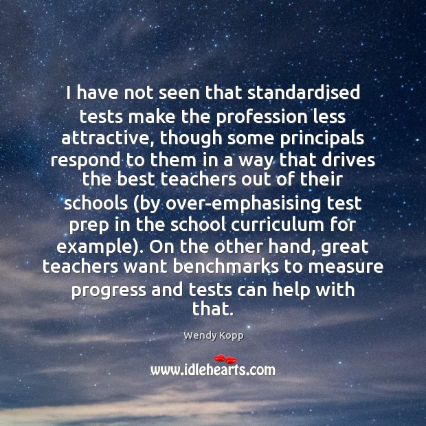 I have not seen that standardised tests make the profession less attractive, Wendy Kopp Picture Quote