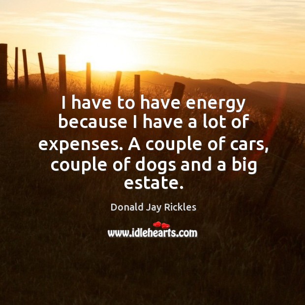 I have to have energy because I have a lot of expenses. A couple of cars, couple of dogs and a big estate. Donald Jay Rickles Picture Quote