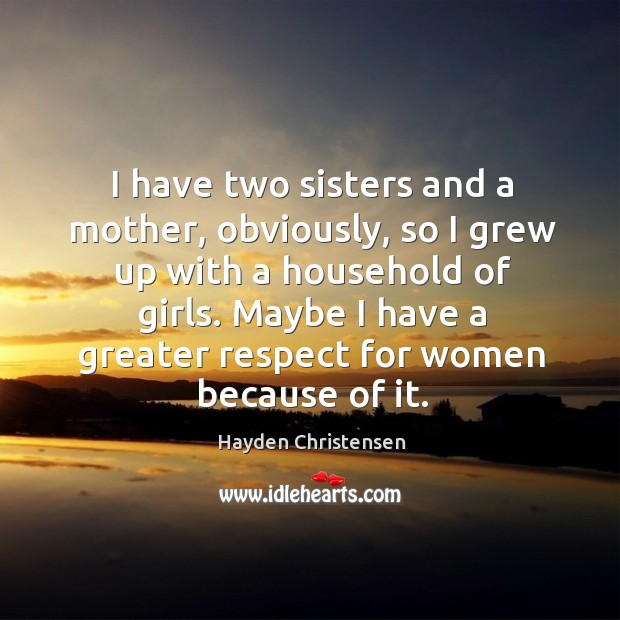 I have two sisters and a mother, obviously, so I grew up with a household of girls. Hayden Christensen Picture Quote