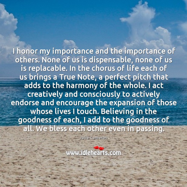 I honor my importance and the importance of others. None of us Julia Cameron Picture Quote