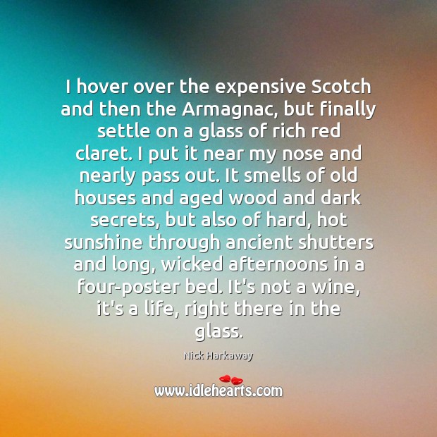 I hover over the expensive Scotch and then the Armagnac, but finally Nick Harkaway Picture Quote