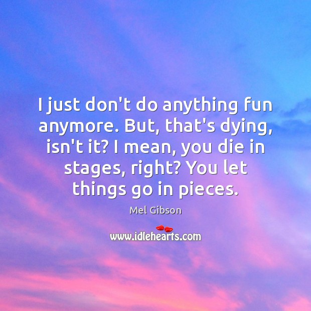 I just don’t do anything fun anymore. But, that’s dying, isn’t it? Mel Gibson Picture Quote