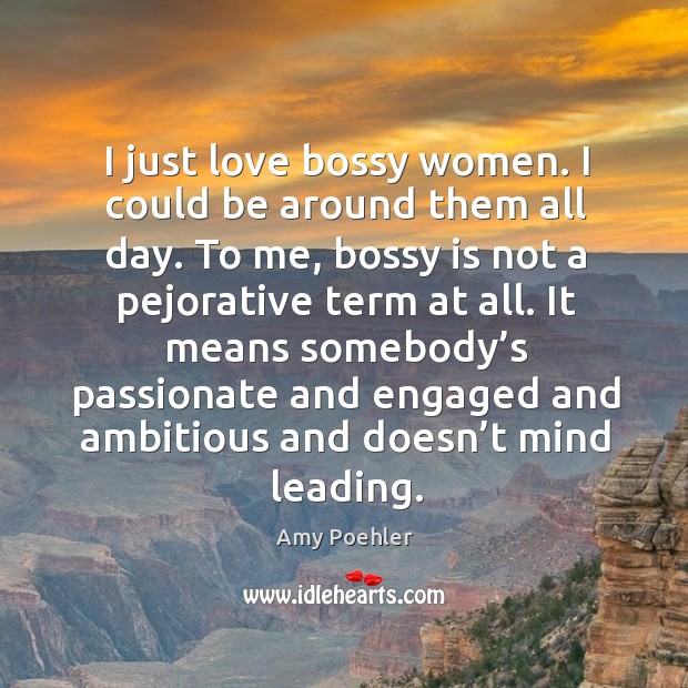 I just love bossy women. I could be around them all day. To me, bossy is not a pejorative term at all. Amy Poehler Picture Quote