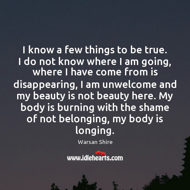 I know a few things to be true. I do not know Warsan Shire Picture Quote