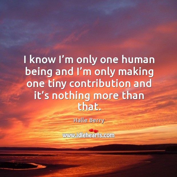 I know I’m only one human being and I’m only making one tiny contribution and it’s nothing more than that. Halle Berry Picture Quote