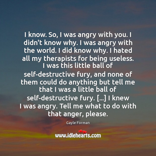 I know. So, I was angry with you. I didn’t know why. Gayle Forman Picture Quote