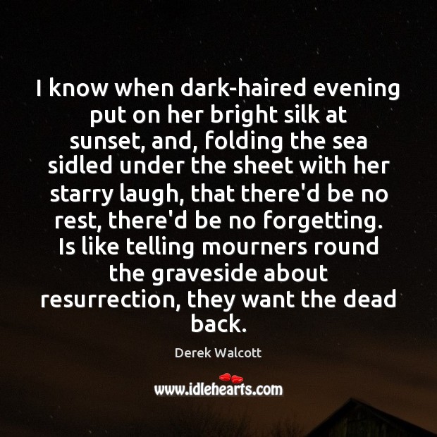 I know when dark-haired evening put on her bright silk at sunset, Derek Walcott Picture Quote