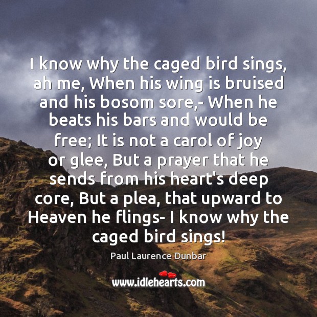 I know why the caged bird sings, ah me, When his wing 