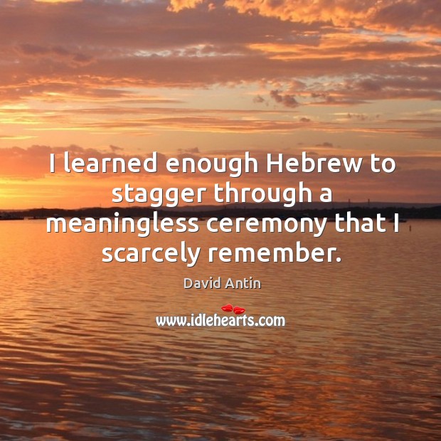 I learned enough hebrew to stagger through a meaningless ceremony that I scarcely remember. David Antin Picture Quote