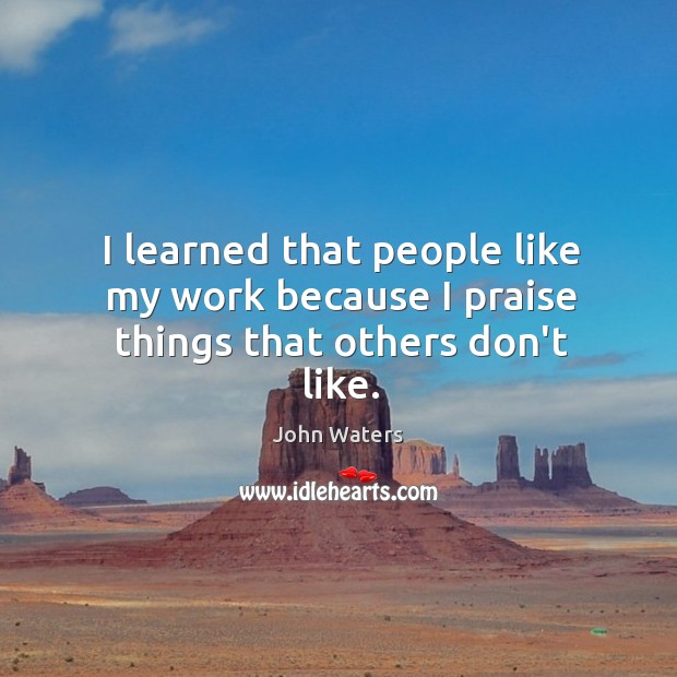 I learned that people like my work because I praise things that others don’t like. John Waters Picture Quote