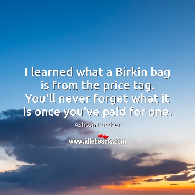 I learned what a Birkin bag is from the price tag. You’ll Ashton Kutcher Picture Quote