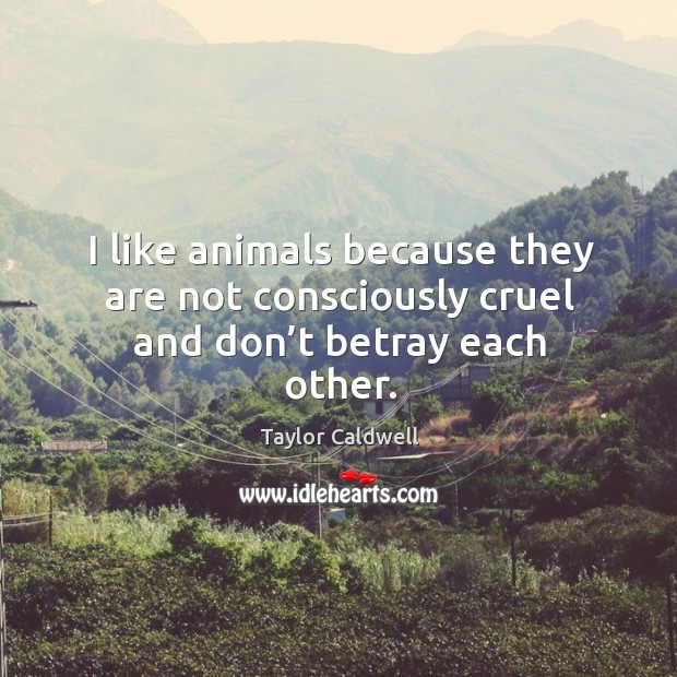 I like animals because they are not consciously cruel and don’t betray each other. Taylor Caldwell Picture Quote