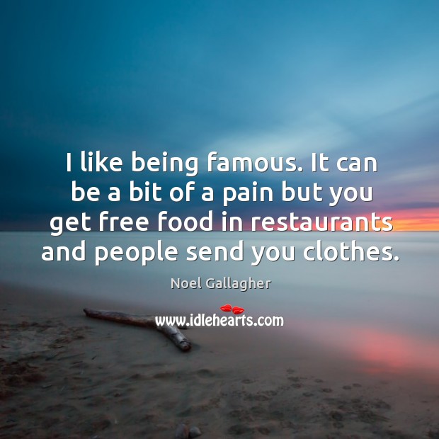 I like being famous. It can be a bit of a pain but you get free food in restaurants and people send you clothes. Noel Gallagher Picture Quote