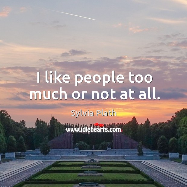 I like people too much or not at all. Sylvia Plath Picture Quote