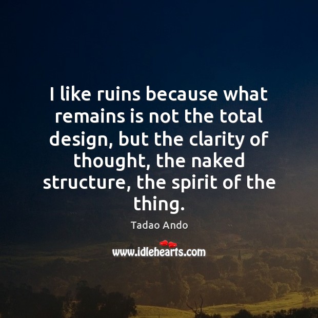 I like ruins because what remains is not the total design, but Tadao Ando Picture Quote