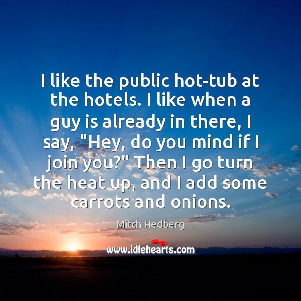 I like the public hot-tub at the hotels. I like when a Mitch Hedberg Picture Quote