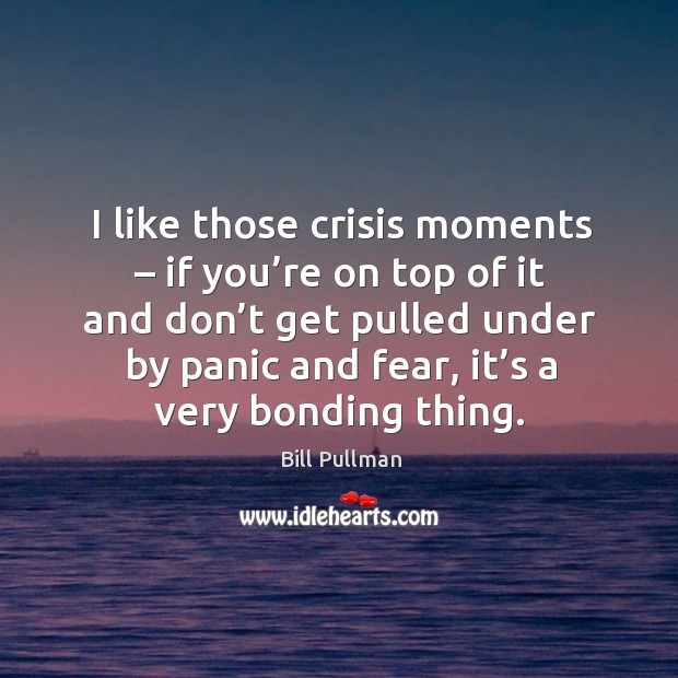 I like those crisis moments – if you’re on top of it and don’t get pulled under by panic and fear, it’s a very bonding thing. Bill Pullman Picture Quote