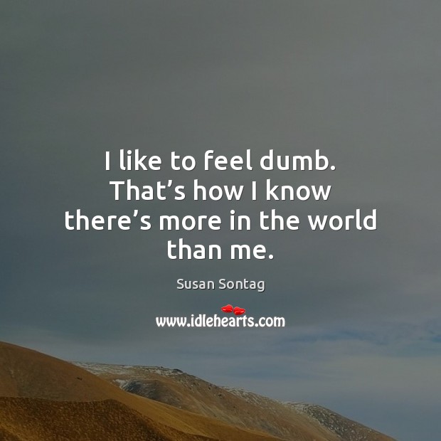 I like to feel dumb. That’s how I know there’s more in the world than me. Susan Sontag Picture Quote