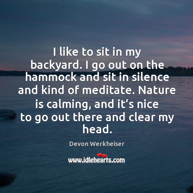 I like to sit in my backyard. I go out on the hammock and sit in silence and kind of meditate. Devon Werkheiser Picture Quote
